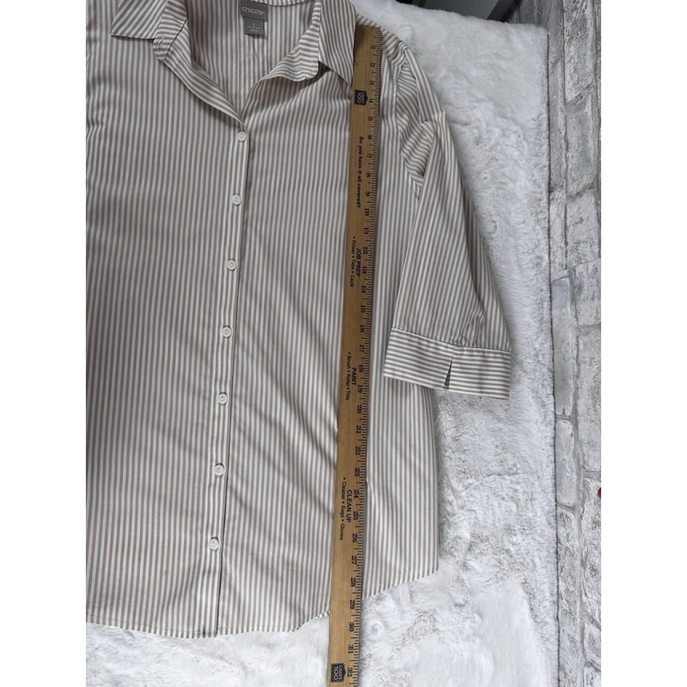 Chicos No Iron Button Up Top 3/4 Sleeve Tan White Striped Cotton Stretch 3 XL - Picture 8 of 10